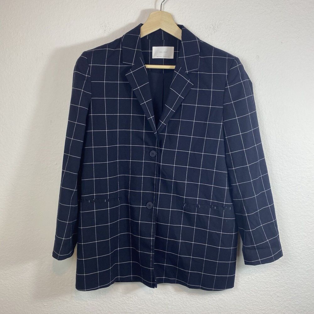 Oak + Fort Women's Small Blazer Windowpane 3/4 Sleeve Lightweight Navy oversized